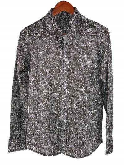 slim-fitted dark shirt with small flowers and long sleeves