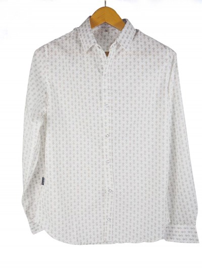 classic white micro-patterned long-sleeve shirt metal button