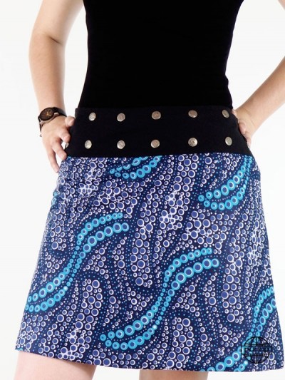 jupe femme bleue coupe portefeuille réversible motif ethnique sur coton imprimé bulles ceinture bouton