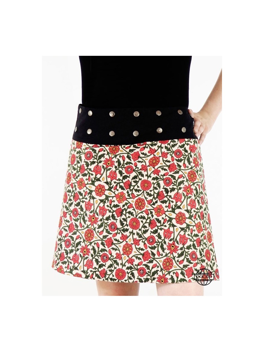 beige bohemian skirt with flowers on printed cotton
