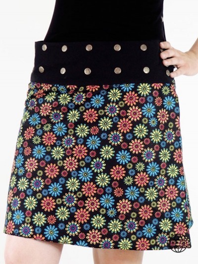 black skirt with small multicolored flowers