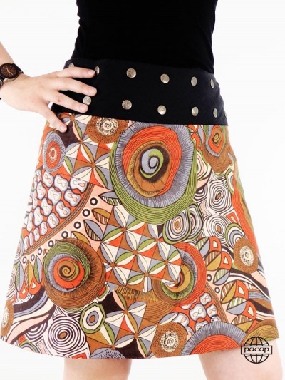 jupe ethnique marron évasée  pour femme en coton imprimé coupe portefeuille  taille haute