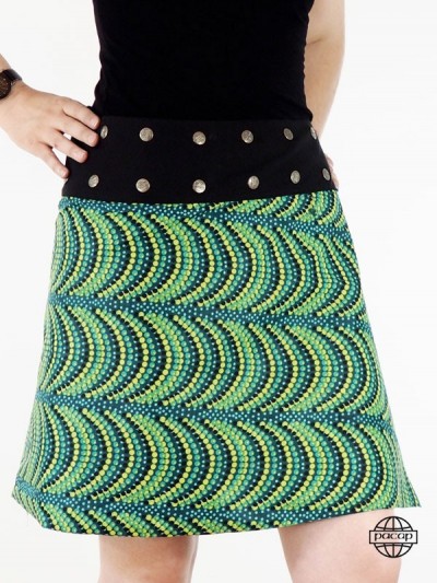 Bohemian flared skirt green polka dot black belt