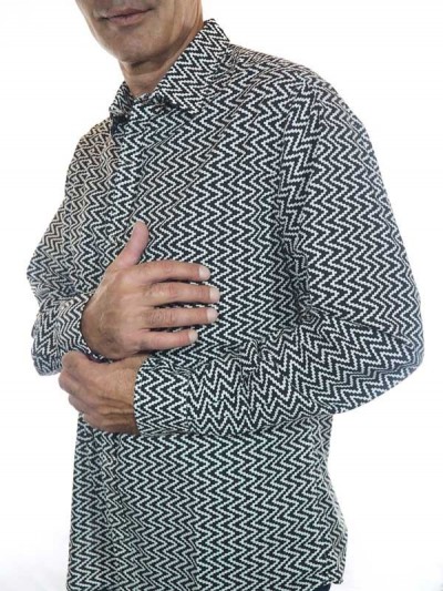 chic black and white herringbone-print shirt, long sleeves