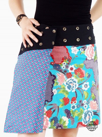 blue skirt printed on both sides for woman with button to press