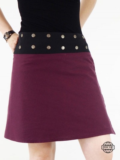 jupe unicolore femme ceinture plate boutonnée devant longueur genoux jupe violette, rouge bordeaux, jupe genoux, jupe evasée