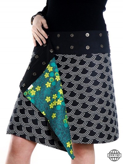 Jupe mi-longue portefeuille réversible imprimée taille unique et réglable pour femme