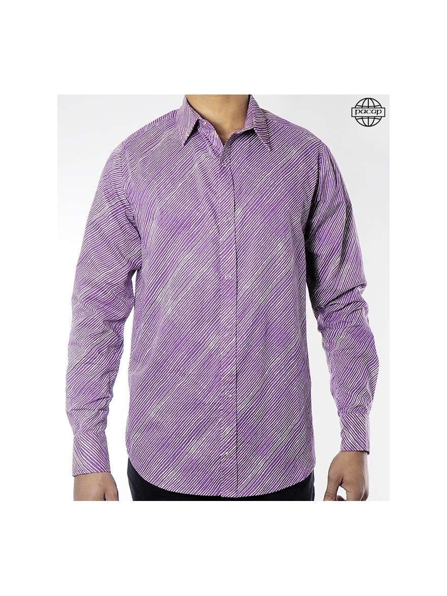 chemise cintrée violette a rayures col français boutonnée en coton