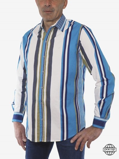 white shirt with blue and green stripes, long sleeves