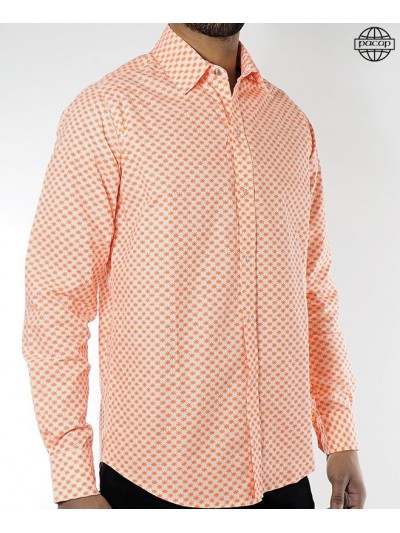 casual orange shirt, small pattern