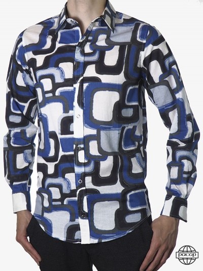 Chemise originale motif abstrait Homme Eté Bleu et Blanc Style Mosaïque Originale 60'S 70'S Marque Française Responsable