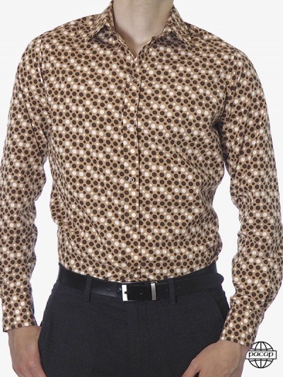 Men's Elegant Brown Shirt with White and Black Polka Dots Curved French Responsible Brand