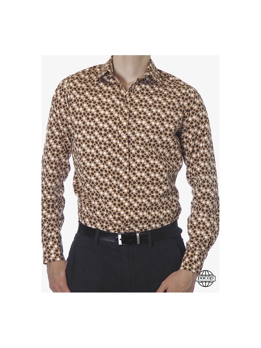 Men's Elegant Brown Shirt with White and Black Polka Dots Curved French Responsible Brand