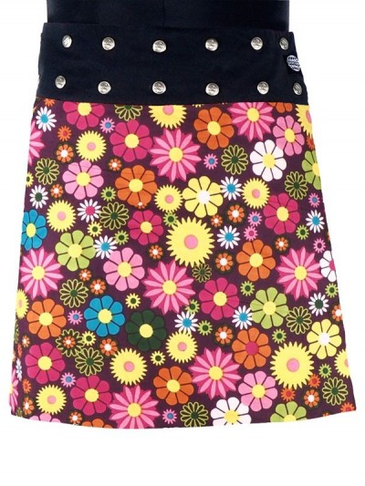 jupe noire multi-taille en coton imprimé de fleurs multicolores