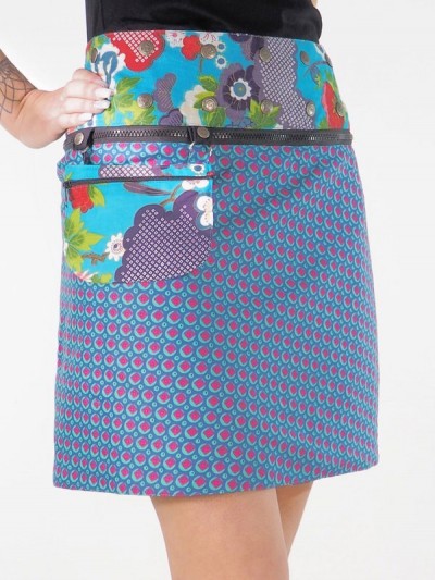 jupe courte été, jupe zippée transformable avec pochette,  ceinture imprimé, jupe bleue, boutons pression, portefeuille