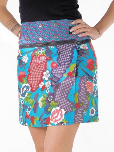 jupe coton taille unique ceinture amovible zippée, jupe convertible à motifs fleuri multicolore, coupe droite fendu taille haute