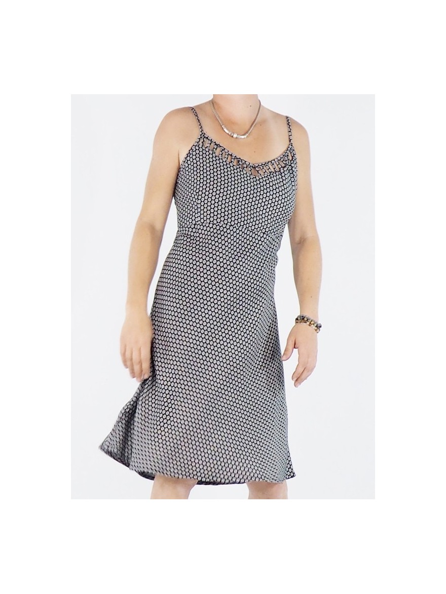 medium dress, sleeveless dress, low-cut dress, smocked back dress, micro-patterned dress