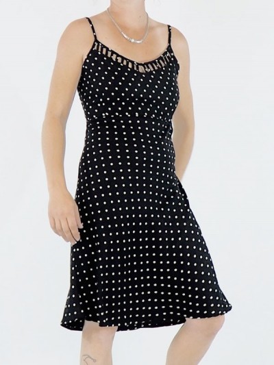 midi dress, fitted dress, black polka dot dress, off-shoulder dress, viscose dress, elastic waist dress, thin strapless dress