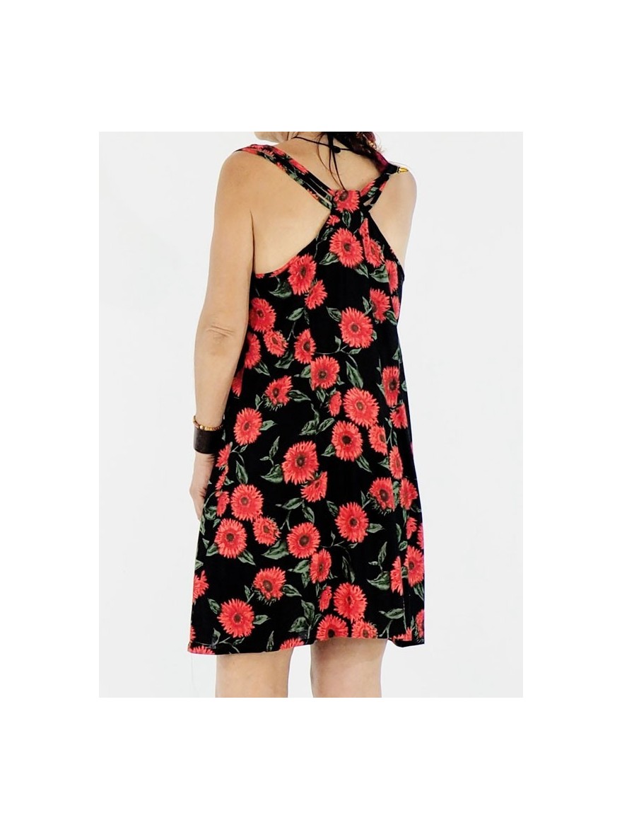 mini dress, off shoulder dress, floral print dress, sleeveless dress, off shoulder dress, viscose dress, black and red dress