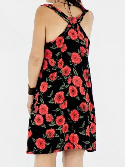 mini dress, off shoulder dress, floral print dress, sleeveless dress, off shoulder dress, viscose dress, black and red dress