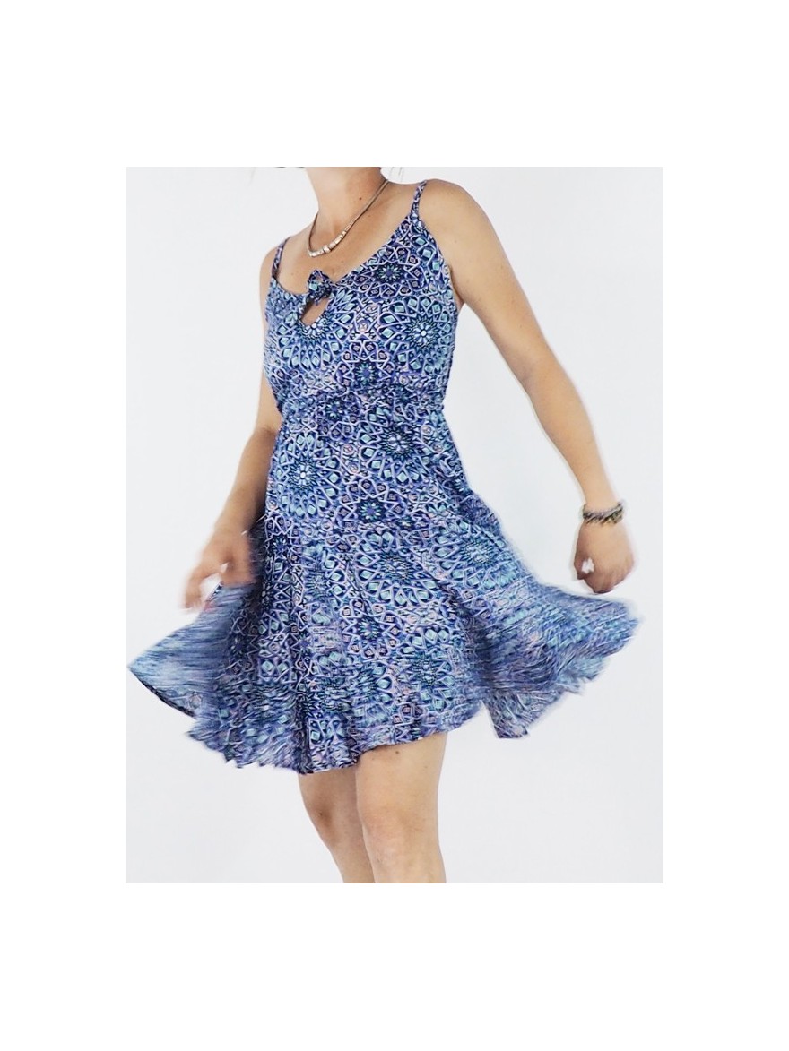 short dress, flounced dress, round-neck dress, sleeveless dress, blue dress, summer dress.