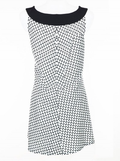 short black and white dress with bare arms, round neck dress, low neckline dress, polka dot dress