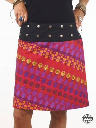 jupe genoux droite imprimé ethnique indonésien aborigène africain rouge coupe droite portefeuille taille réglable