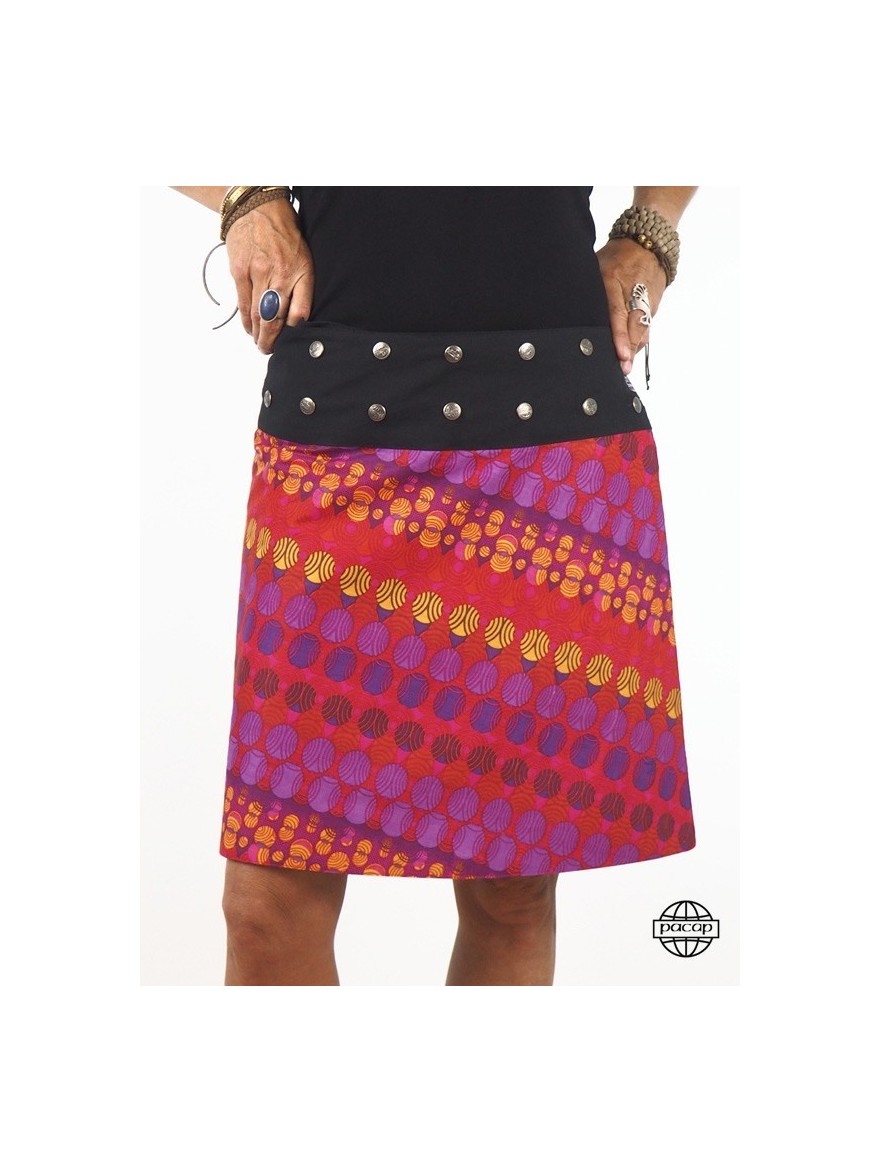 Knee-length skirt ethnic print Indonesian African aborigine red straight cut portfolio adjustable waist