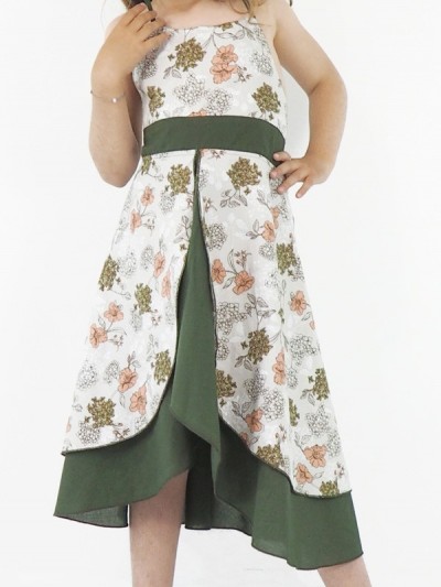 Khaki flower on white background spring dress with longer khaki green lining for a unique style