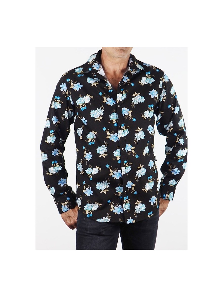 black floral-print snap shirt
