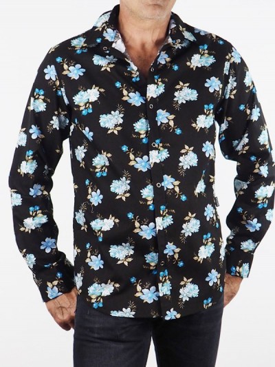 black floral-print snap shirt