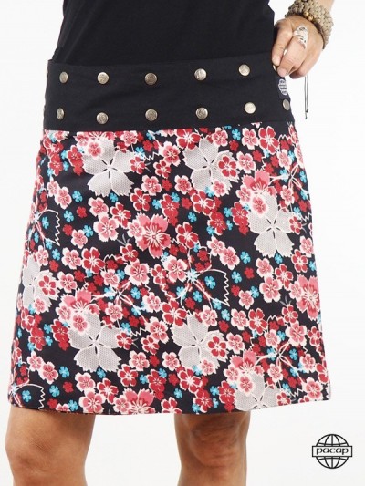 black slit skirt with red flowers
