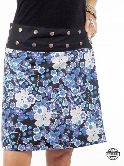 jupe portefeuille bleue en coton imprimé a fleurs avec logo pacap