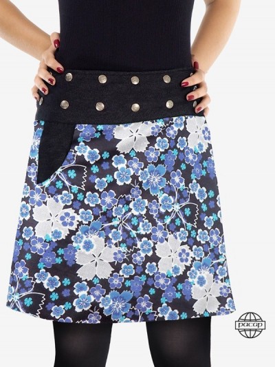 One Size Straight Reversible Jeans Skirt with Large Floral Pattern Black Buttoned Belt Responsible French Brand