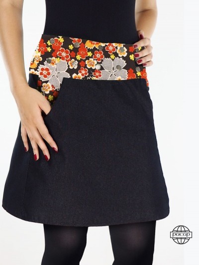 Orange Jean skirt with high waist pockets, wide straight cut, black buttoned belt, responsible French brand