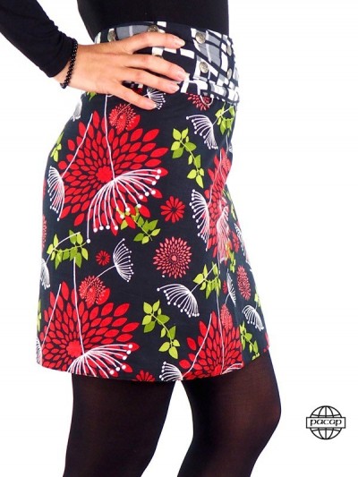 jupe coton taille unique ceinture amovible zippée, jupe convertible réversible à motifs à fleurs rouge