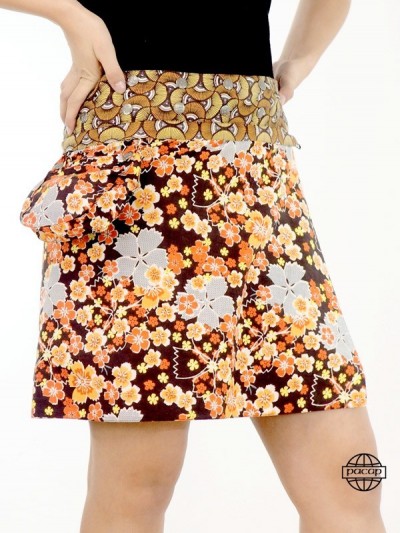 jupe coton taille unique ceinture amovible zippée, jupe convertible réversible à motifs à fleurs orange