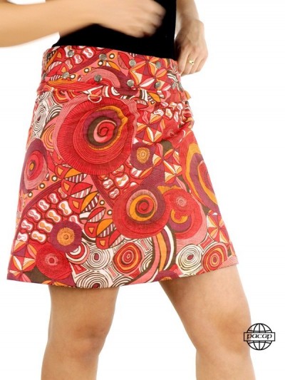 jupe midi femme coton taille unique ceinture amovible zippée, jupe convertible réversible à motif ethnique rouge