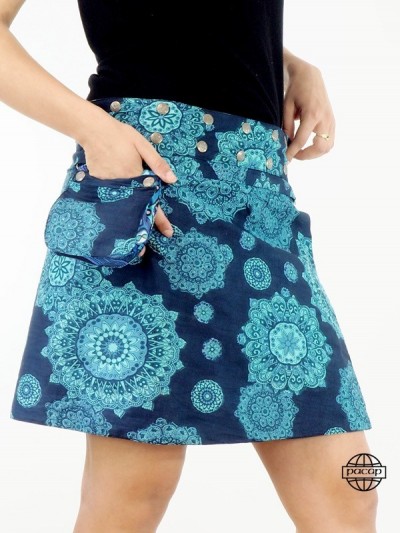 jupe été transformable ave pochette ceinture imprimé ethnique avec boutons pression, jupe portefeuille bleue