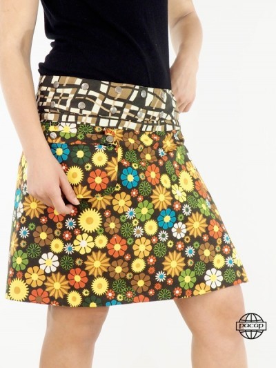 jupe fermeture éclair femme taille ajustable boutonnée réversible avec sacoche, jupe trapèze modulable à fleurs multicolore
