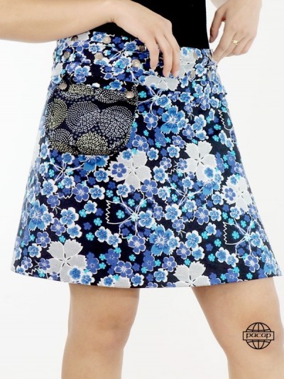 jupe été transformable ave pochette ceinture imprimé avec boutons pression, jupe portefeuille bleue imprimé floral