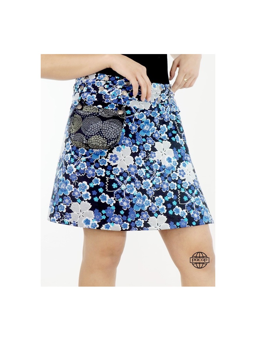 jupe été transformable ave pochette ceinture imprimé avec boutons pression, jupe portefeuille bleue imprimé floral