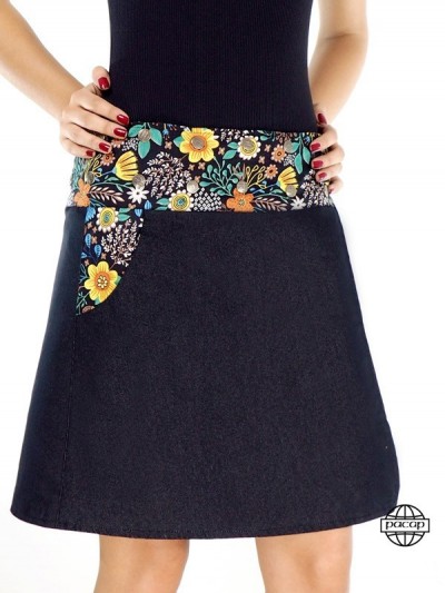 Women's Reversible Printed Jean Skirt with Flowered Verso Large Black Buttoned Belt Responsible French Brand