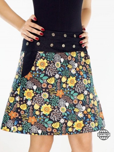 Women's Reversible Printed Jean Skirt with Flowered Verso Large Black Buttoned Belt Responsible French Brand