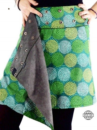 jupe unicolore réversible velours vert effet daim réversible pour femme coupe portefeuille trapèze style wrap fendu