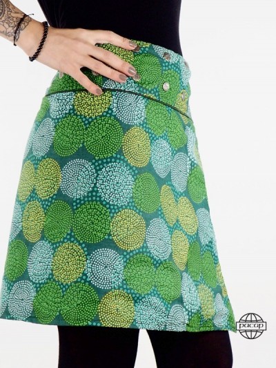 jupe verte pour femme en coton imprimé à pois reversible taille haute évasée coupe wrap fendue ceinture bouton pression