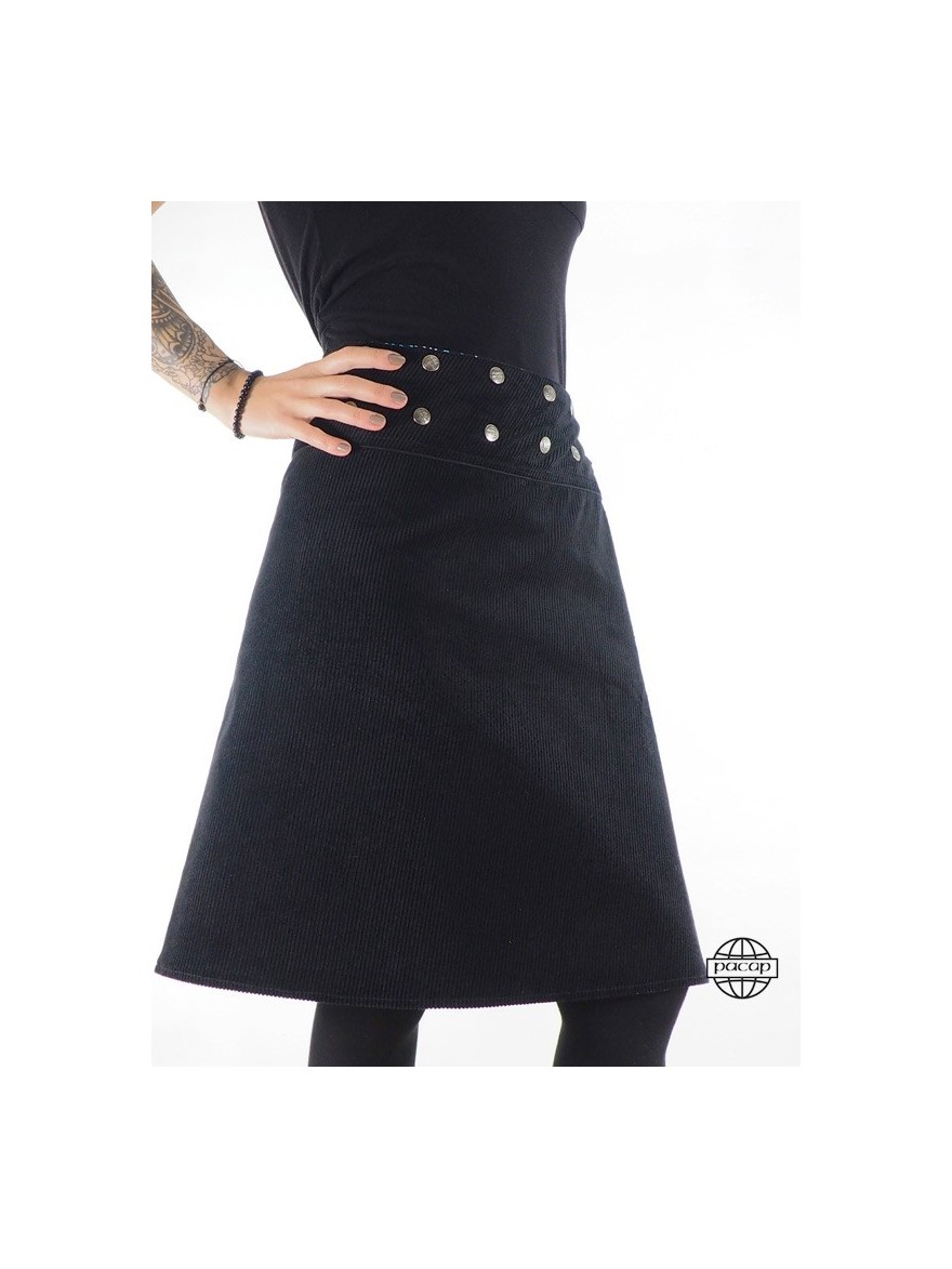 Jupe noire en velours côtelé et bouton pression coupe évasée pour femme, jupe portefeuille, jupe hiver reversible, jupe wrap