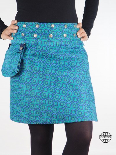 Jupe Zippée portefeuille bleue et boutonnée en Jean Transformable Avec Sacoche Imprimé amovible