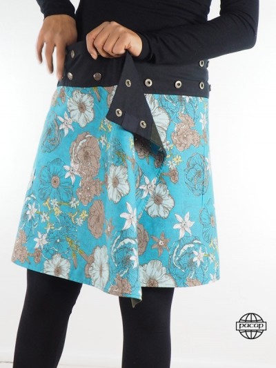 jupe florale bleue turquoise en coton pour femme Taille ajustable ceinture bouton pression Jupe femme, jupe trapèze