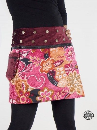transformable short skirt in thick velvet fabric with red floral print and pouch